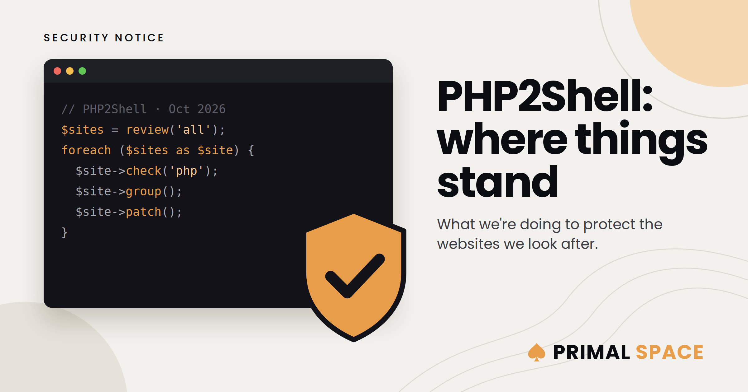 PHP2Shell security notice: code window with an orange shield and tick