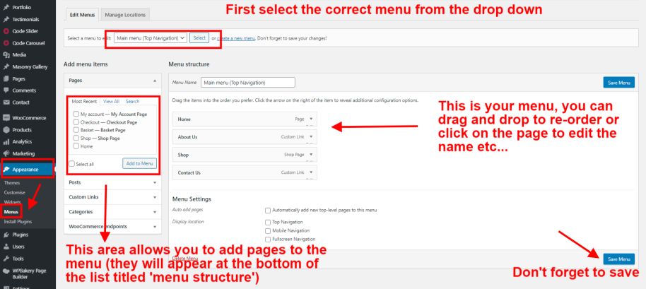 Editing menus in WordPress