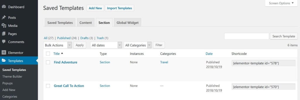 Working with Templates in Elementor - Template library