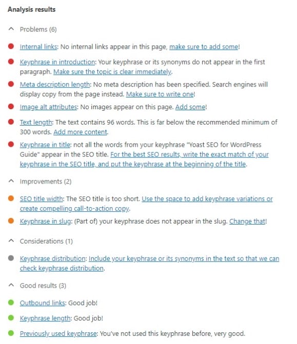 Yoast SEO Before Optimisation
