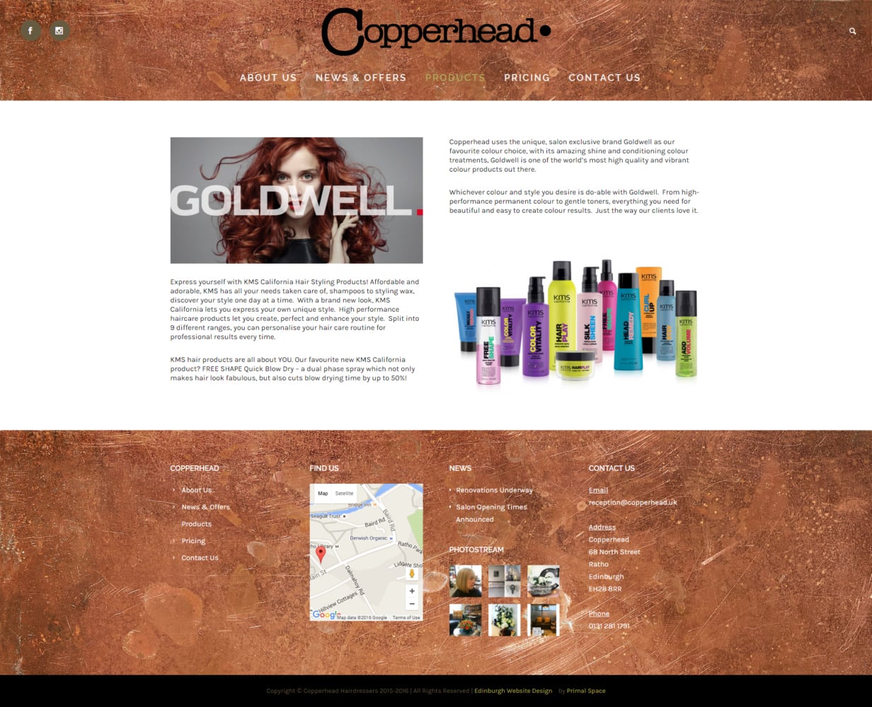 Copperhead Hairdressers Products Page Full Width and Height